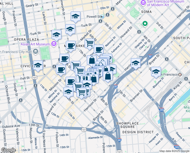 map of restaurants, bars, coffee shops, grocery stores, and more near 1136 Folsom Street in San Francisco
