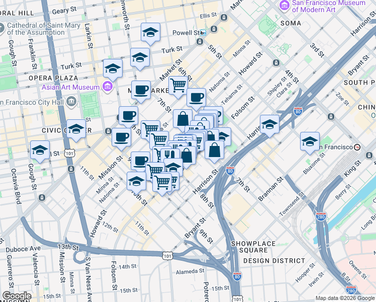 map of restaurants, bars, coffee shops, grocery stores, and more near 1136 Folsom Street in San Francisco