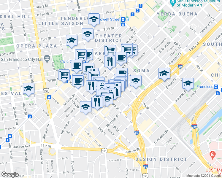map of restaurants, bars, coffee shops, grocery stores, and more near 58 Sumner Street in San Francisco