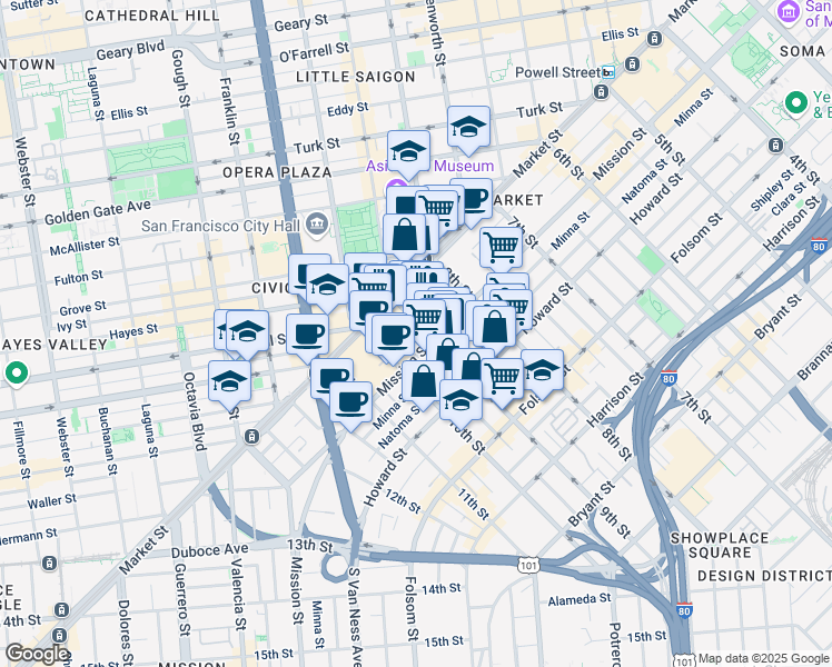 map of restaurants, bars, coffee shops, grocery stores, and more near 1321 Mission Street in San Francisco