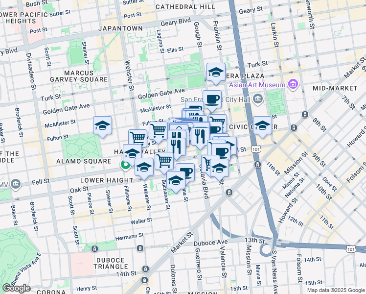 map of restaurants, bars, coffee shops, grocery stores, and more near 542 Laguna Street in San Francisco