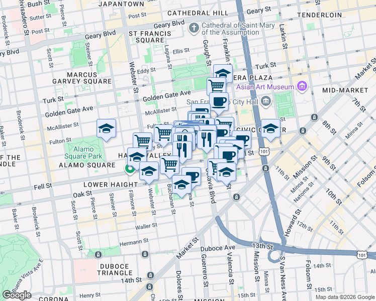 map of restaurants, bars, coffee shops, grocery stores, and more near 542 Laguna Street in San Francisco
