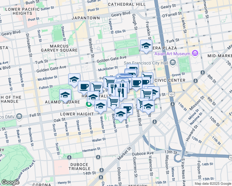 map of restaurants, bars, coffee shops, grocery stores, and more near 542 Linden Street in San Francisco