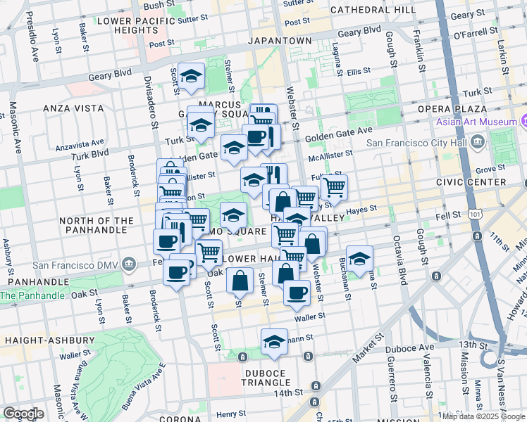 map of restaurants, bars, coffee shops, grocery stores, and more near 655 Steiner Street in San Francisco