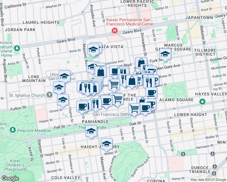 map of restaurants, bars, coffee shops, grocery stores, and more near 1615 Fulton Street in San Francisco