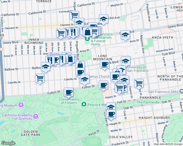 map of restaurants, bars, coffee shops, grocery stores, and more near 225 Willard North in San Francisco