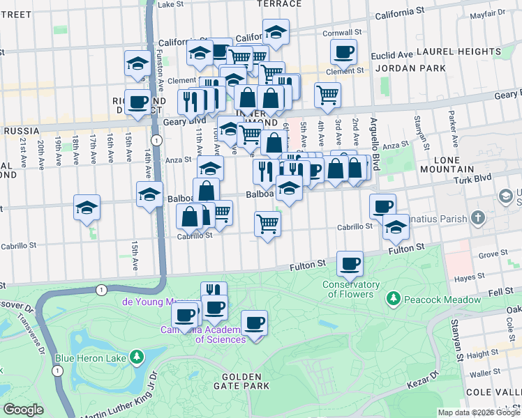 map of restaurants, bars, coffee shops, grocery stores, and more near 664a 8th Avenue in San Francisco