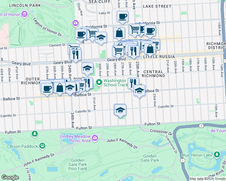 map of restaurants, bars, coffee shops, grocery stores, and more near 2745a Balboa Street in San Francisco