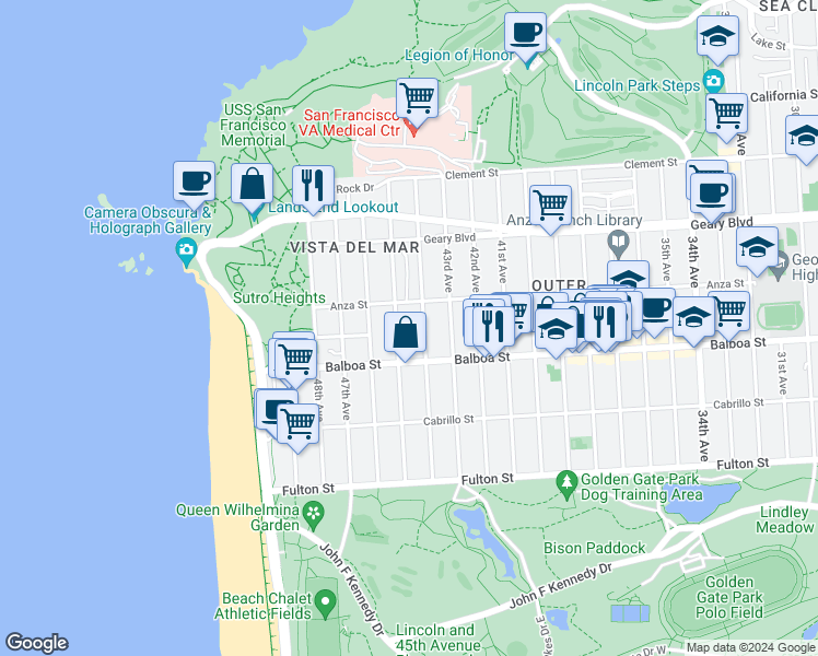map of restaurants, bars, coffee shops, grocery stores, and more near 669 44th Avenue in San Francisco