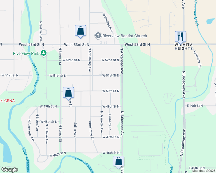 map of restaurants, bars, coffee shops, grocery stores, and more near 786-800 W 50th St N in Wichita