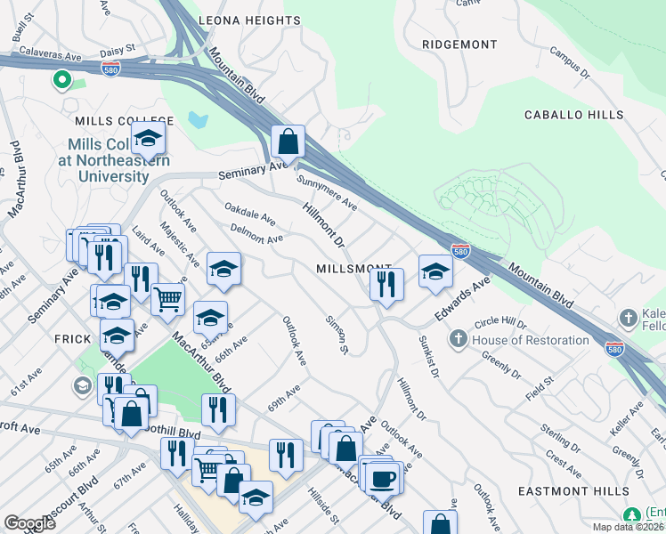 map of restaurants, bars, coffee shops, grocery stores, and more near 3878 Delmont Avenue in Oakland