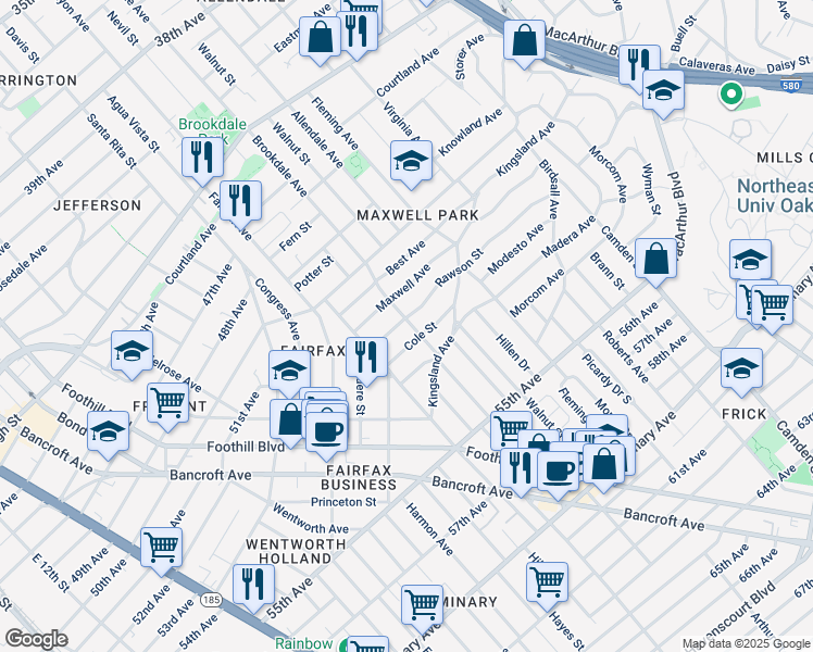 map of restaurants, bars, coffee shops, grocery stores, and more near 2512 Rawson Street in Oakland