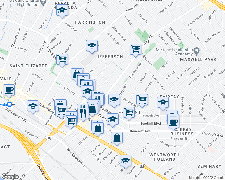 map of restaurants, bars, coffee shops, grocery stores, and more near 2038 High Street in Oakland