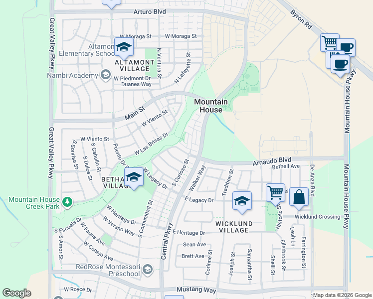 map of restaurants, bars, coffee shops, grocery stores, and more near 75 Admirable Lane in Mountain House