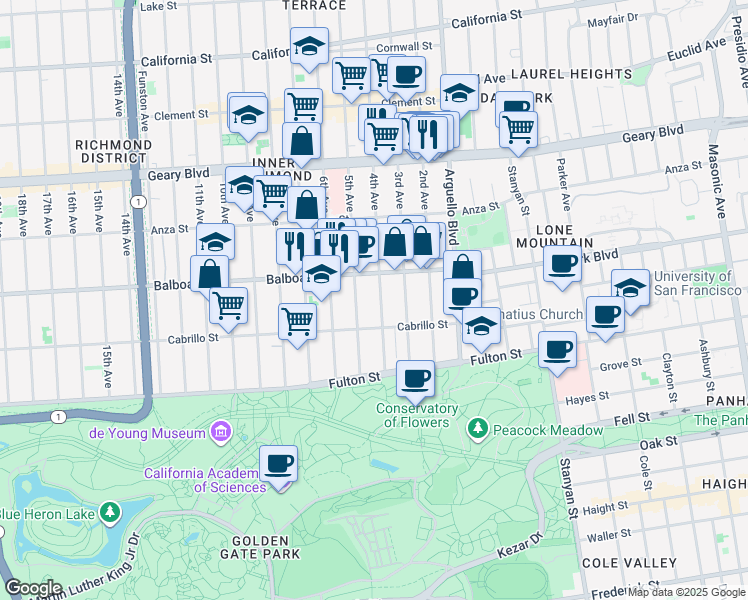 map of restaurants, bars, coffee shops, grocery stores, and more near 649 4th Avenue in San Francisco