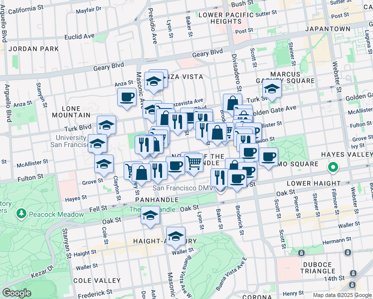 map of restaurants, bars, coffee shops, grocery stores, and more near 1608 Fulton Street in San Francisco