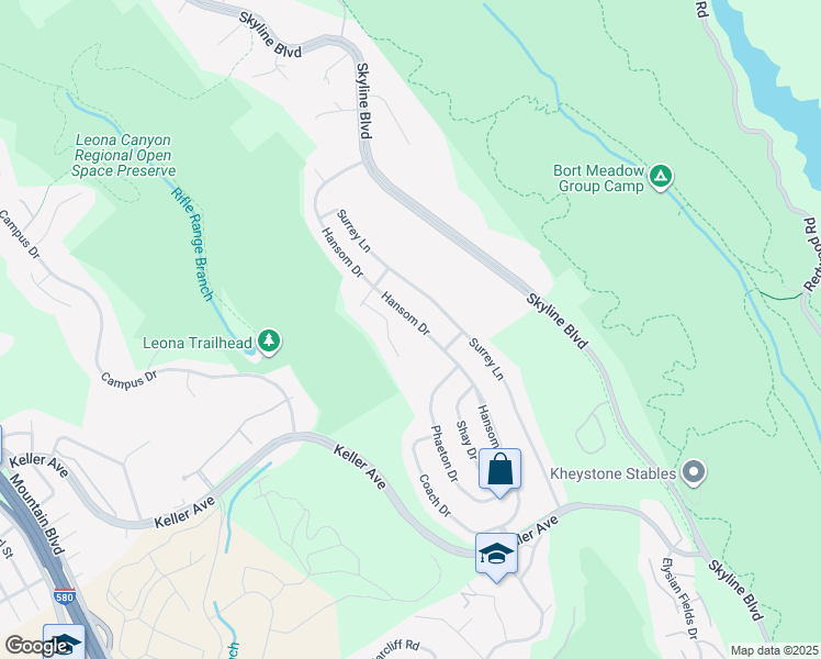 map of restaurants, bars, coffee shops, grocery stores, and more near 7801 Hansom Drive in Oakland
