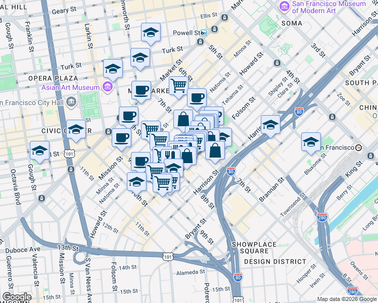map of restaurants, bars, coffee shops, grocery stores, and more near 99 Rausch Street in San Francisco