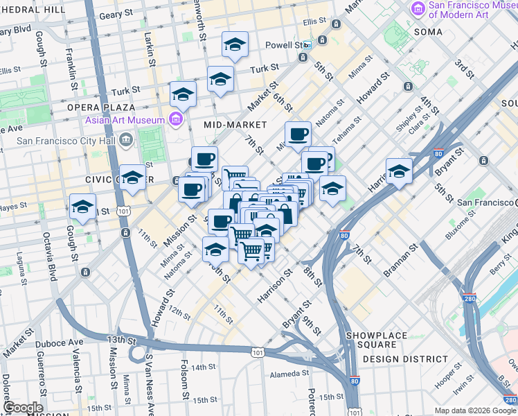 map of restaurants, bars, coffee shops, grocery stores, and more near 58 Sumner Street in San Francisco