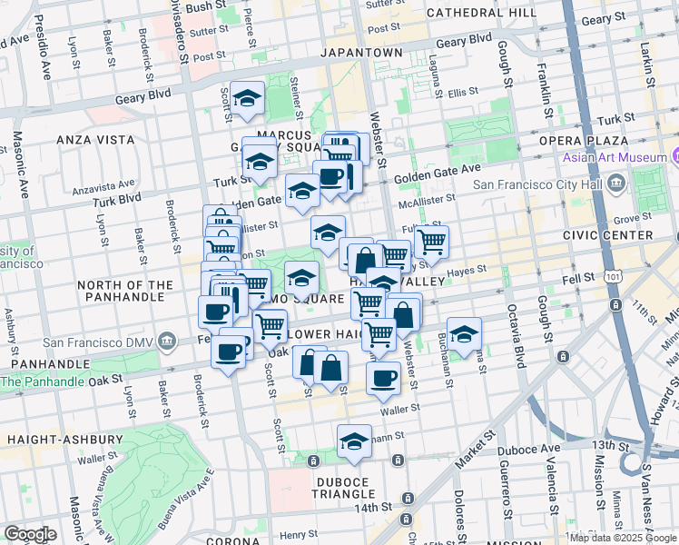 map of restaurants, bars, coffee shops, grocery stores, and more near 955 Grove Street in San Francisco