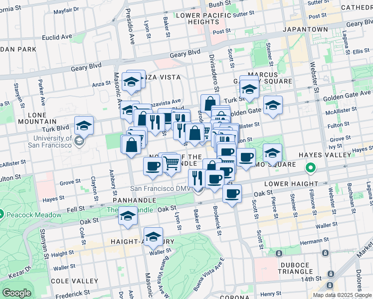 map of restaurants, bars, coffee shops, grocery stores, and more near Fulton Street & Baker Street in San Francisco