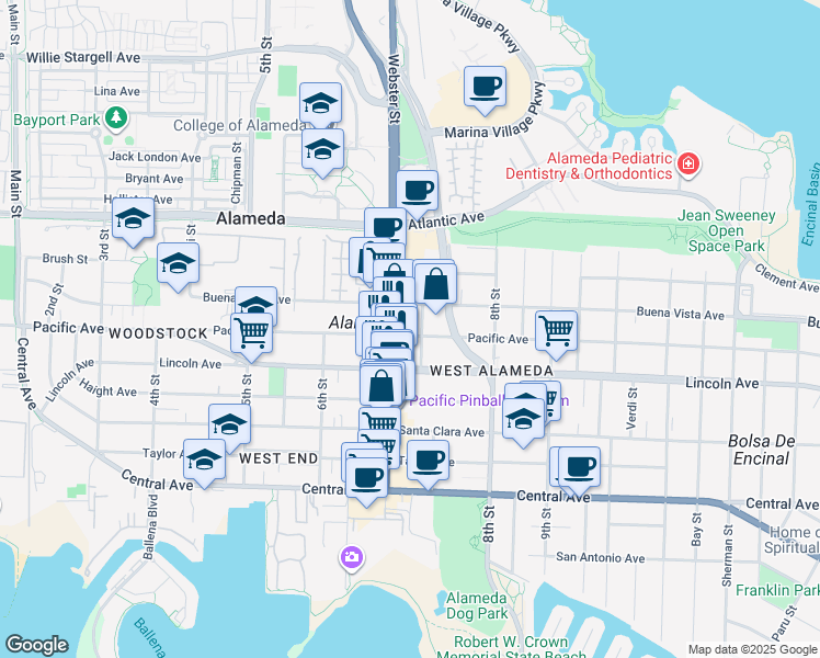 map of restaurants, bars, coffee shops, grocery stores, and more near 713 Pacific Avenue in Alameda