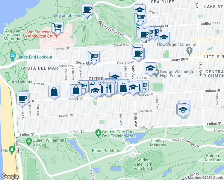 map of restaurants, bars, coffee shops, grocery stores, and more near 660 37th Ave in San Francisco