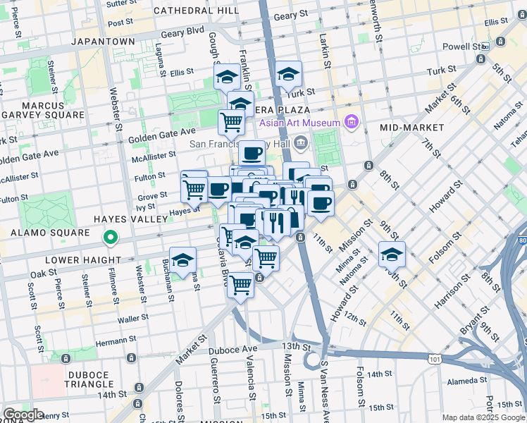 map of restaurants, bars, coffee shops, grocery stores, and more near 201 Franklin Street in San Francisco