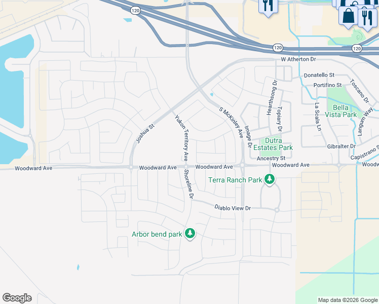 map of restaurants, bars, coffee shops, grocery stores, and more near 1849 Holland Lane in Manteca
