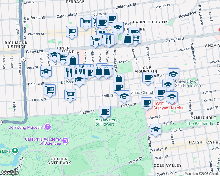 map of restaurants, bars, coffee shops, grocery stores, and more near 675 2nd Avenue in San Francisco