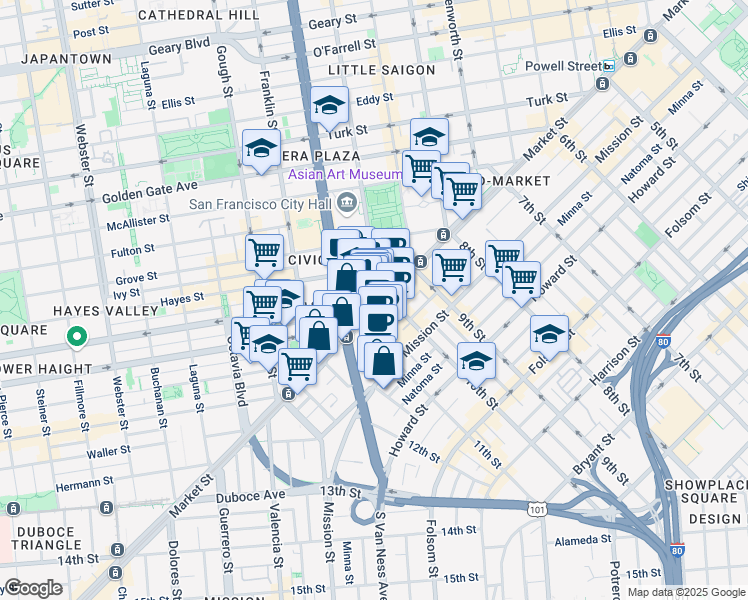 map of restaurants, bars, coffee shops, grocery stores, and more near 9 Fell Street in San Francisco