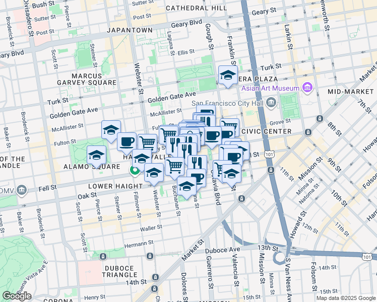 map of restaurants, bars, coffee shops, grocery stores, and more near Laguna St & Hayes St in San Francisco