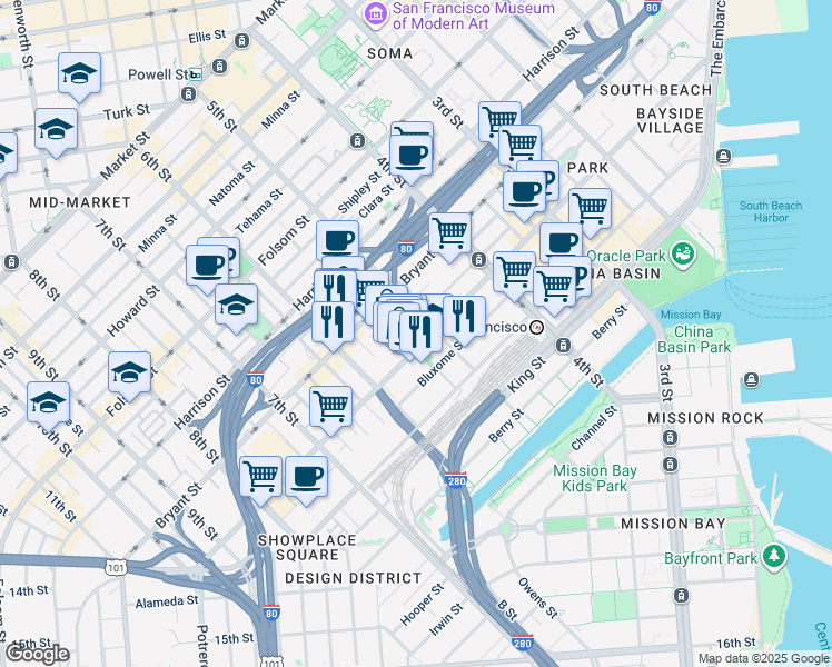map of restaurants, bars, coffee shops, grocery stores, and more near 660 Brannan Street in San Francisco