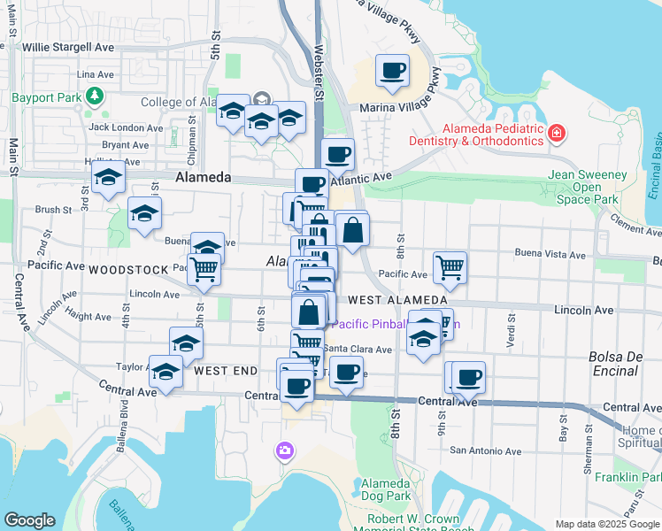 map of restaurants, bars, coffee shops, grocery stores, and more near 713 Pacific Avenue in Alameda