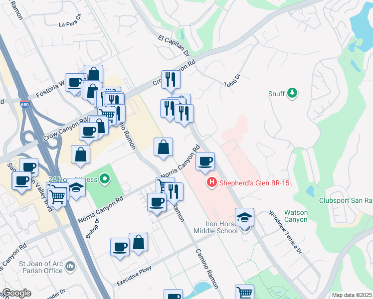 map of restaurants, bars, coffee shops, grocery stores, and more near 4720 Norris Canyon Road in San Ramon
