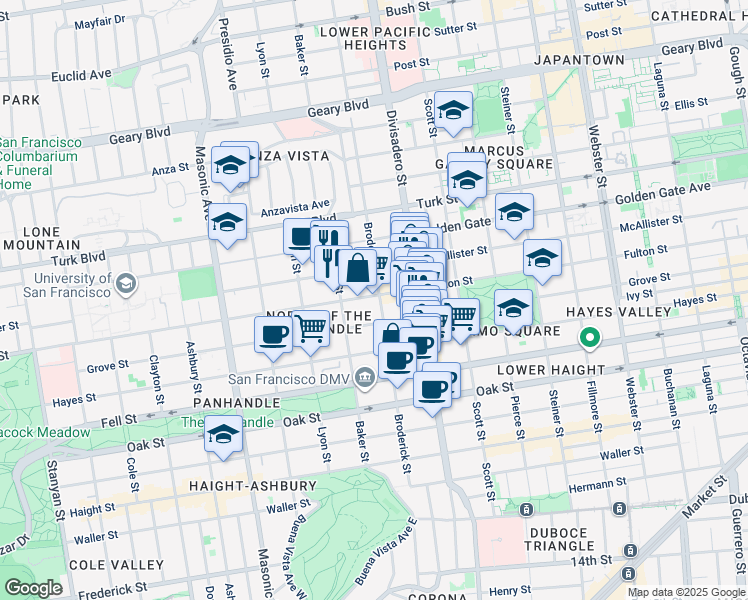 map of restaurants, bars, coffee shops, grocery stores, and more near 1442 Grove Street in San Francisco