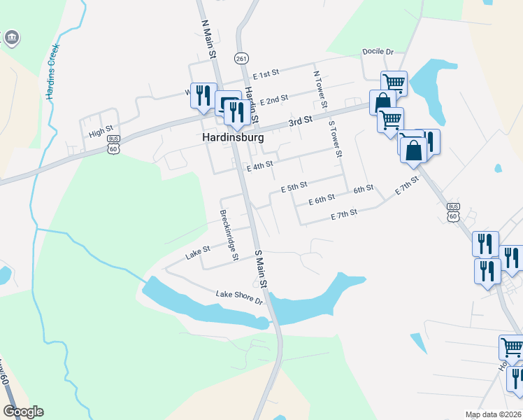map of restaurants, bars, coffee shops, grocery stores, and more near 101-113 Beard Road in Hardinsburg