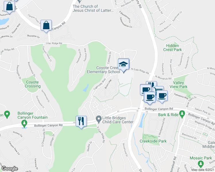 map of restaurants, bars, coffee shops, grocery stores, and more near 7368 Briza Loop in San Ramon
