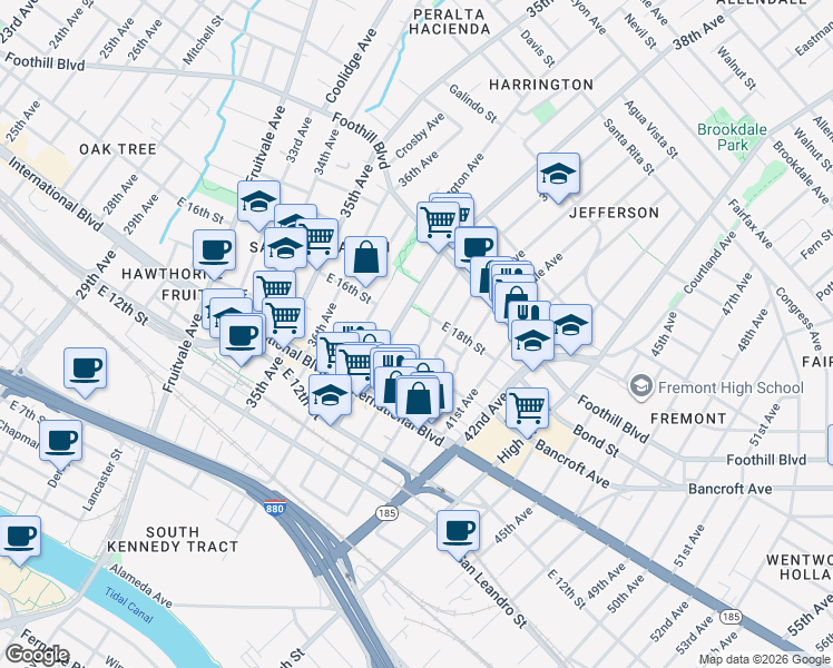 map of restaurants, bars, coffee shops, grocery stores, and more near 1637 40th Avenue in Oakland