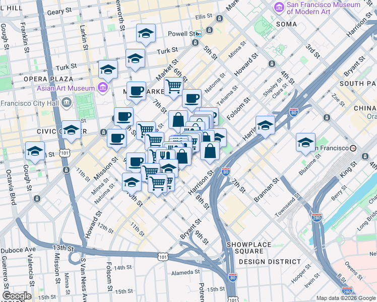 map of restaurants, bars, coffee shops, grocery stores, and more near 1140 Folsom Street in San Francisco