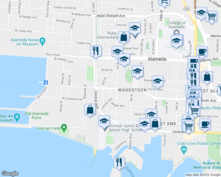 map of restaurants, bars, coffee shops, grocery stores, and more near Pacific Ave & Haight Ave in Alameda