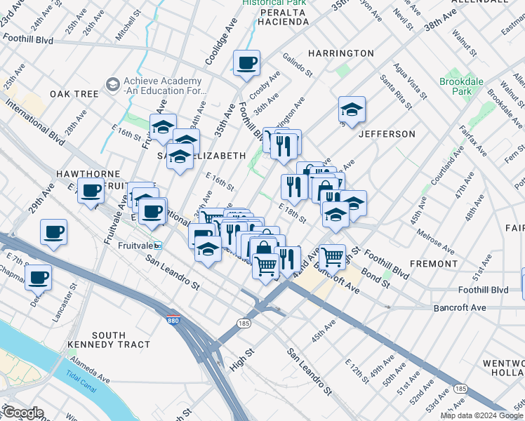 map of restaurants, bars, coffee shops, grocery stores, and more near 1701 39th Avenue in Oakland