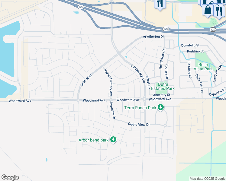 map of restaurants, bars, coffee shops, grocery stores, and more near 1849 Holland Lane in Manteca