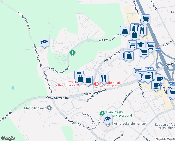 map of restaurants, bars, coffee shops, grocery stores, and more near 211 Deerwood Drive in San Ramon