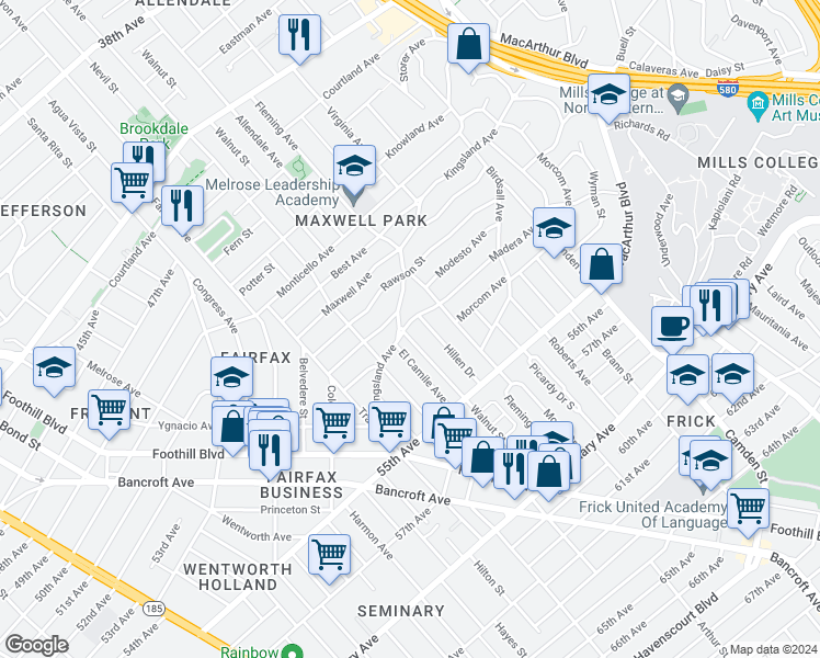 map of restaurants, bars, coffee shops, grocery stores, and more near 2650 Kingsland Avenue in Oakland