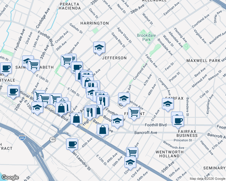 map of restaurants, bars, coffee shops, grocery stores, and more near 1975 Courtland Avenue in Oakland