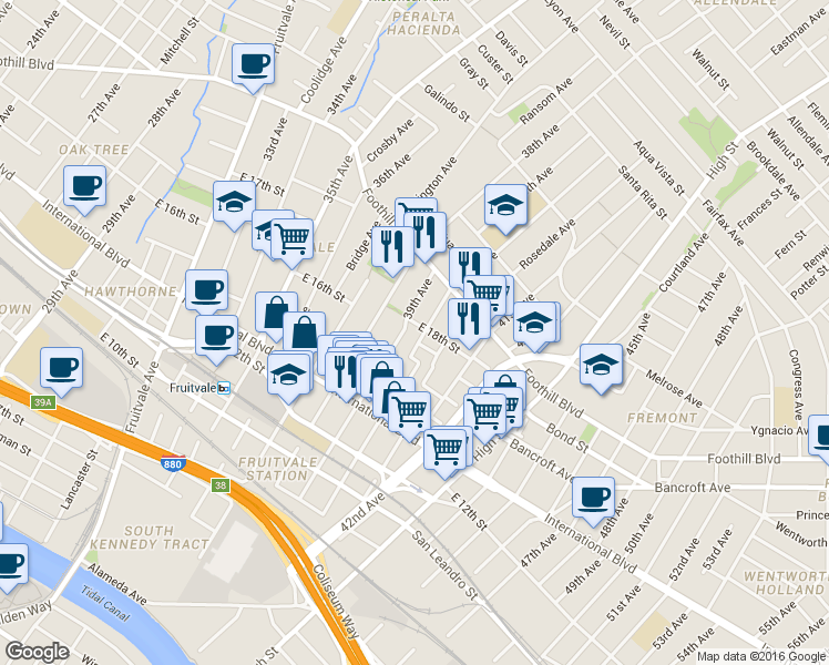 map of restaurants, bars, coffee shops, grocery stores, and more near 1637 40th Avenue in Oakland