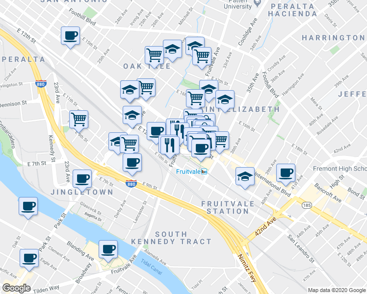 map of restaurants, bars, coffee shops, grocery stores, and more near 3401 East 12th Street in Oakland