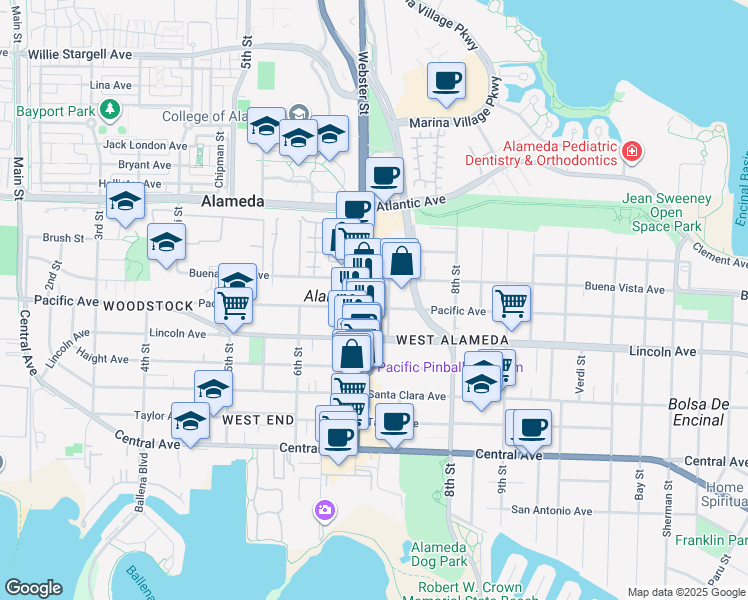 map of restaurants, bars, coffee shops, grocery stores, and more near 720 Pacific Avenue in Alameda