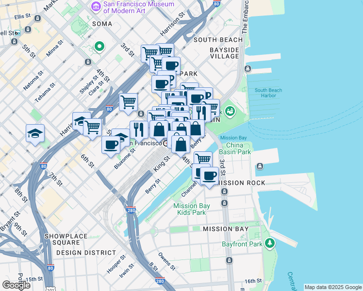map of restaurants, bars, coffee shops, grocery stores, and more near 301 King Street in San Francisco